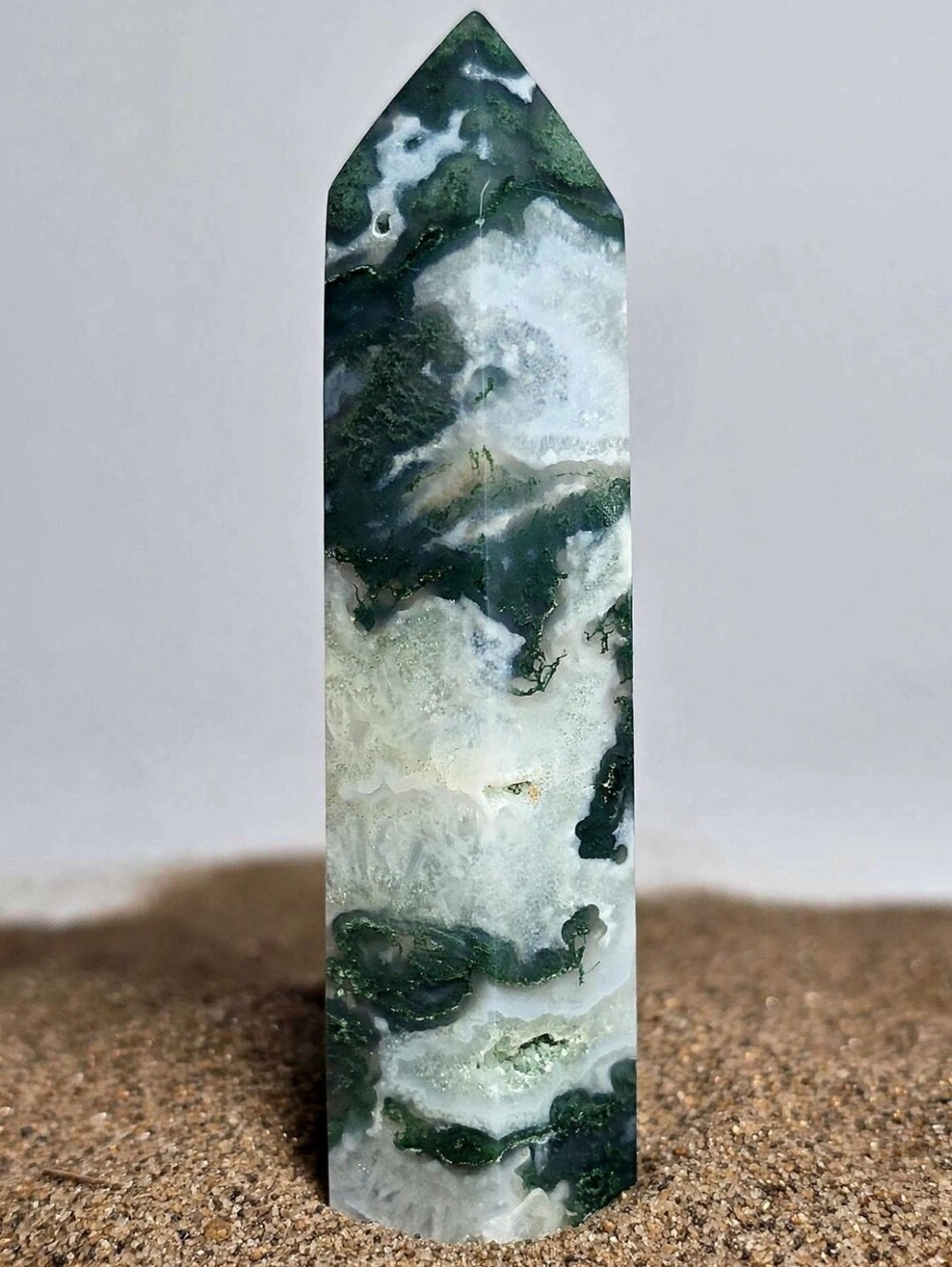 4" Moss Agate Crystal Tower, 120g Healing Obelisk Point Heart Chakra & Abundance